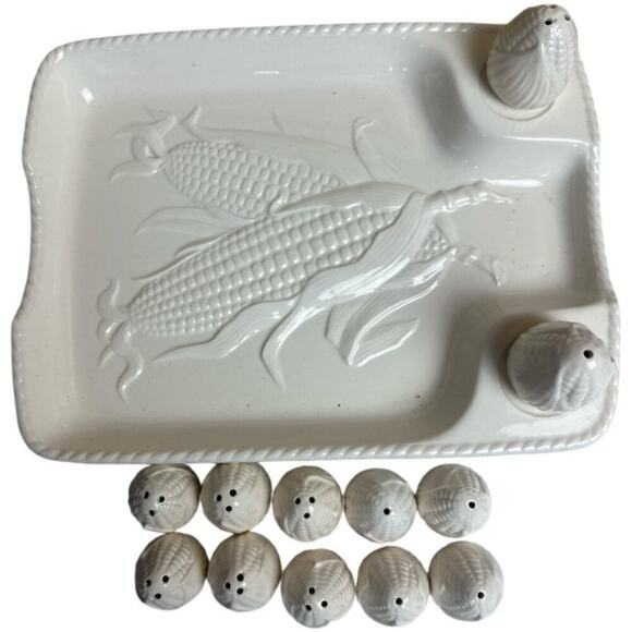 Vintage Cream Corn Plate Salt & Pepper Shaker Set of 6 10" X 8" - Picture 1 of 3